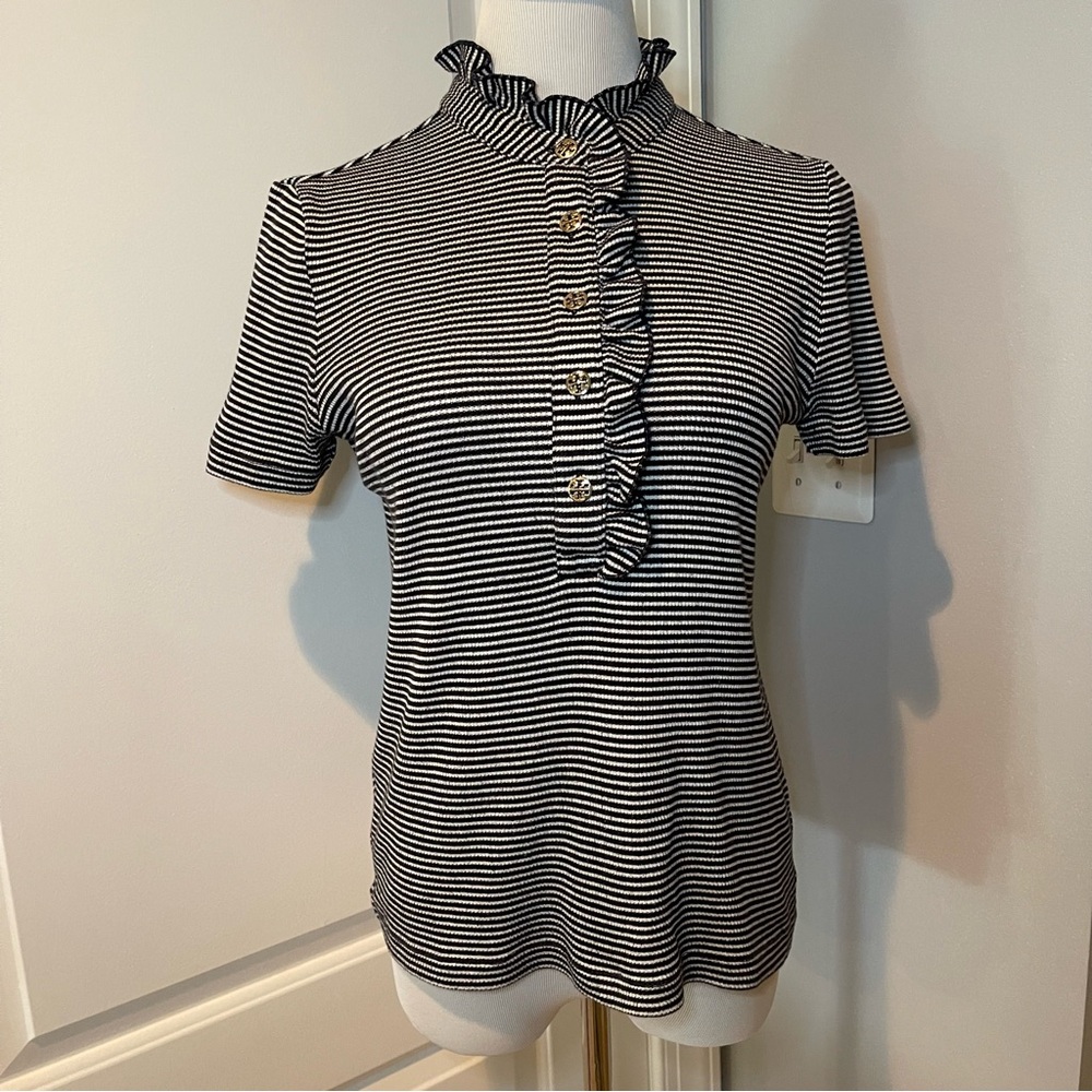 Tory Burch Navy/White Striped Ruffled Neck Button-Down Polo Shirt